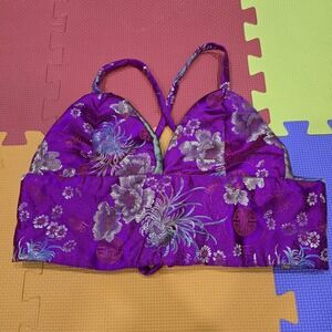 Vibrant Purple Brocade Silk Blend Crop Top, Oriental Floral Print, Size M -...